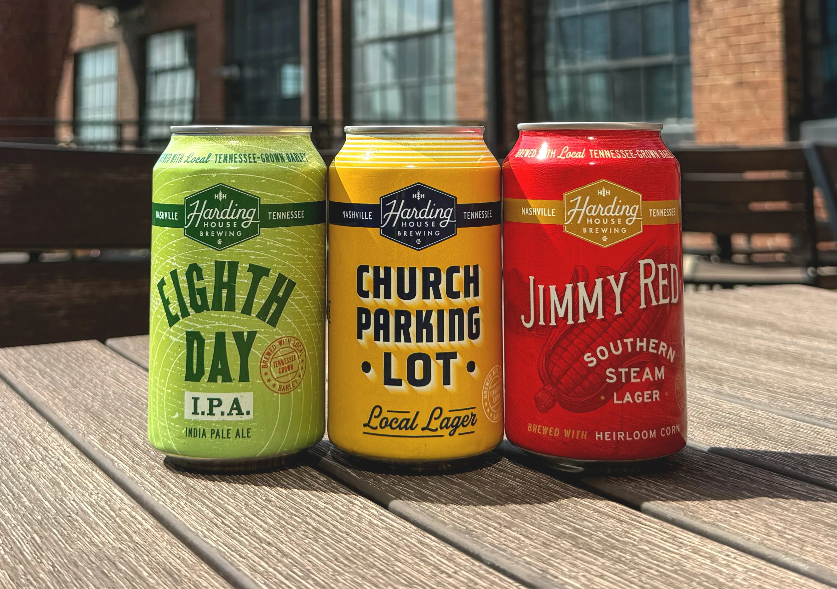 Harding House can lineup on our taproom back porch.